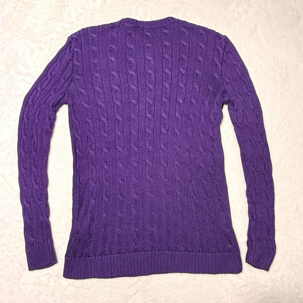 Lauren Ralph Lauren Purple Cable Knit Sweater Small Petite Metallic Crest Emblem - Picture 5 of 5